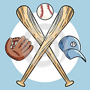 Two crossed baseball bats and ball, icon sports logo. Vector isolated illustration,. Simple shape for design logo, emblem, symbol