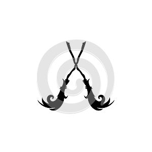 Two crossed brooms. Witch broom. Halloween party logo. Witchcraft and wizardry photo