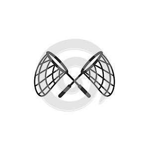 Two crossed butterfly nets flat icon. Catch, hunt, chase symbol. Vector illustration isolated on white background