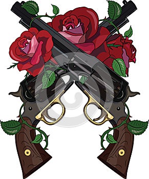 Two crossed cowboy gun, rose covered design