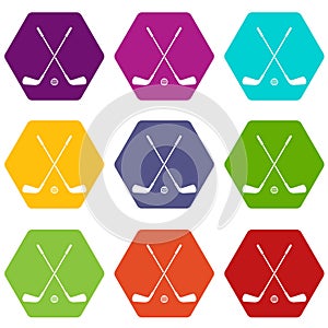 Two crossed golf clubs and ball icon set color hexahedron