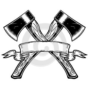 Two crossed hatchets with ribbon. Design element for logo, label, sign, poster, card, banner.