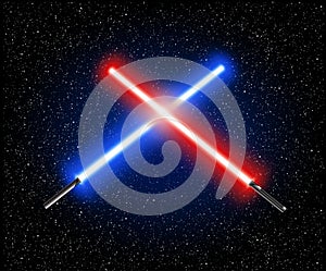 Two crossed light swords - blue and red crossing laser lightsabers vector illustration