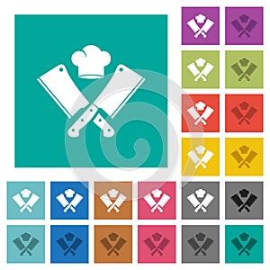 Two crossed meat cleavers and chef hat square flat multi colored icons