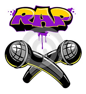 Two crossed microphones vector illustration, rap battle logo design concept.