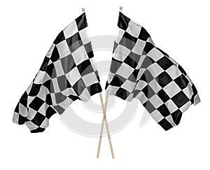 Two crossed pair of waving black white chequered flag with wooden stick motorsport sport racing concept isolated background