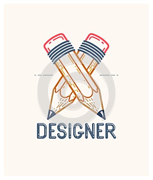 Two crossed pencils vector simple trendy logo or icon for designer or studio, creative competition, designers team.