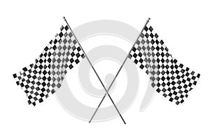 Two crossed race checkered flags, finishing checkered flag, 3d rendering isolated on white