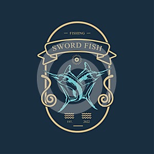 Two crossed swordfish hook lure monochrome fishing hunting vintage textured logo vector illustration