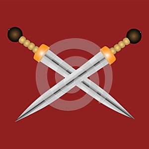 Gladius swords of gladiators on a red background photo