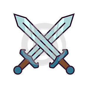 Two crossed swords icon in line fill style.