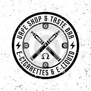 Two crossed vaporizers sticks vector monochrome round emblem, label, badge or logo in vintage style on background with