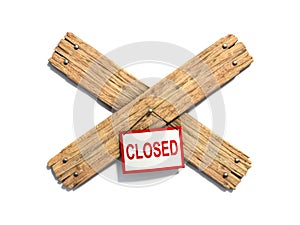Two crossed wooden planks nailed on white background 3d rendering. Out of order sign, forbidden entrance symbol, closed sign