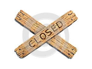 Two crossed wooden planks nailed on white background 3d rendering. Out of order sign, forbidden entrance symbol, closed sign