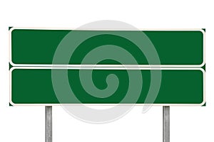 Two Crossroads Road Signs, Green Isolated Traffic Sign Copy Space Background, Large Detailed Closeup, White Frame