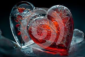 Two crystal hearts close-up. Romantic valentine card. Heart frozen on ice. A symbol of love. Cold winter season, February 14. The