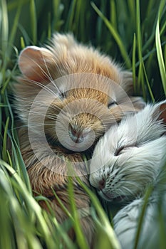 Two cuddling guinea pigs resting in green grass.