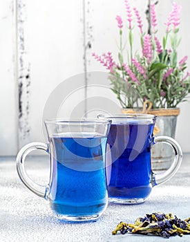 Two cup of Butterfly pea tea for healthy drinking