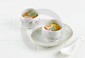 Two Cup Chawan Mushi Japanese Steamed Egg on White Table background