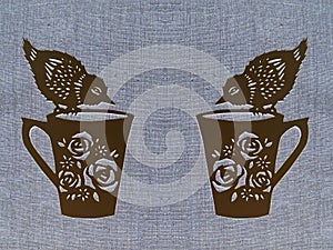 Two cups with birds, paper cutting