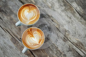 Two Cups of Cappuccino with Heart Latte Art, Coffee Lovers Concept