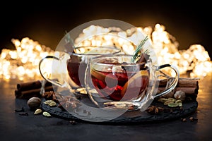 Two cups of Christmas mulled wine or gluhwein with spices and lemon slices on dark wooden background with defocused lights.