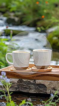 Two cups of coffee on bamboo tray rest among vibrant wildflowers