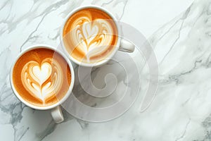 Two cups of coffee with heart latte art, date concept. Valentine\'s day or coffee lovers. Couple of cappuccino cups on wooden