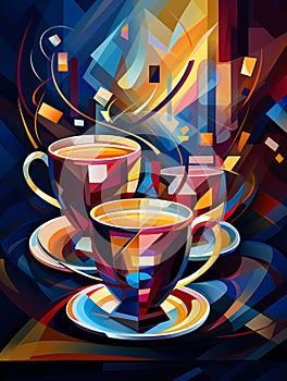 Two cups of coffee on a table abstract geometric art illustration.