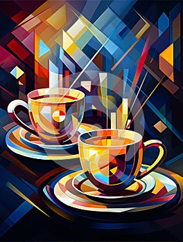 Two cups of coffee on a table abstract geometric art illustration.