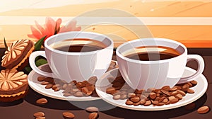 two cups of coffee on a table with beans and flowers
