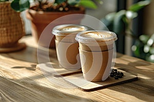 Two cups of coffee on wooden table