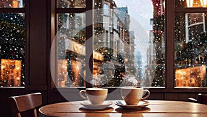 Two Cups of Coffee on a Wooden Table in a Winter Cafe setting, Snow Background -4k Seamless Loop Animation