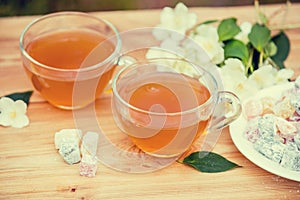 Two cups of green tea with jasmine