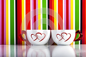 Two cups with hearts on colorful stripes background