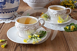 Two cups of herbal tea with wild primula flowers
