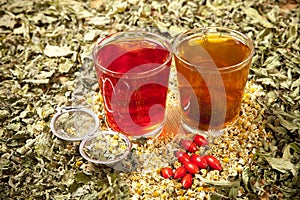 Two cups of herbal teas with dried herbs around