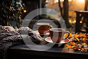 Two cups with hot beverage and a warm cozy blanket on a terrace of a countryhouse. Fall vibes and autumnal atmosphere