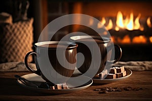 Two cups of hot chocolate in front of fireplace
