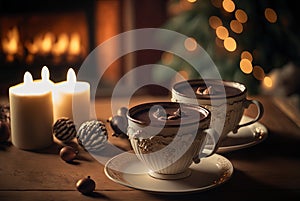 Two cups of hot coffee with chocolate cream. Cozy Christmas atmosphere. Generative AI