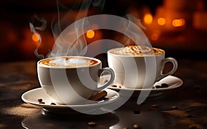 Two cups of hot coffee with cinnamon, against a background of lights, cold season, winter vibe and wellness