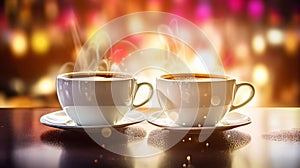 Two cups of hot coffee with coffee art and a cozy blurred background