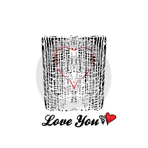 Two cups in love with a red heart inside. Stylized sign for catering, cafe, parties for lovers, psychological trainings, vector, photo