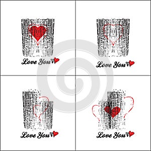 Two cups in love with a red heart. Stylized sign for catering, cafe, parties for lovers, psychological trainings, vector, photo