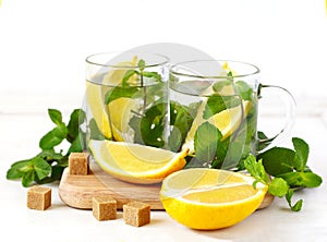 Two Cups of Mint tea on white background
