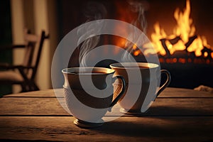 Two cups of steaming hot tea in front of fireplace. Generative AI.