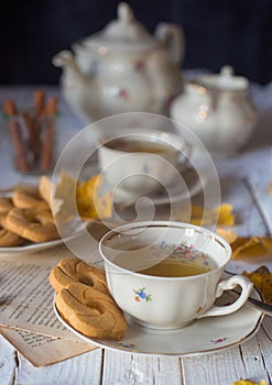 Two cups of tea with cookies photo