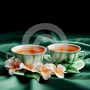 Two cups of tea with plumeria flowers on green satin cloth