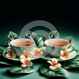 Two cups of tea with tropical flowers on green leaves, dark background