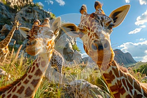 Two Curious Giraffes Close Up in Natural Habitat with Rocky Landscape and Blue Sky Background